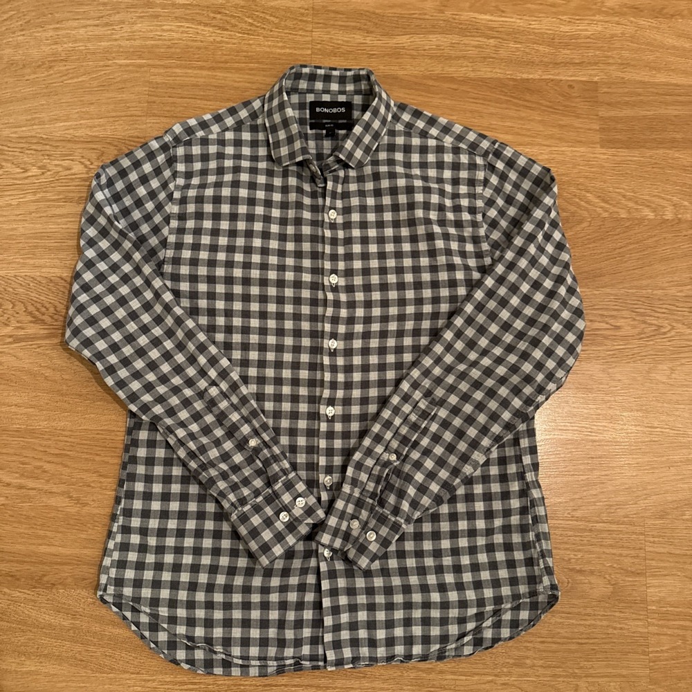 Bonobos Shirt Men's Medium Slim Fit Gray Gingham Check Cotton Button Down Preppy